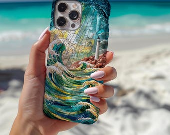 Stained Glass Lighthouse Phone Case, Coastal Wave Art iPhone, Nautical Stormy Sea, Sea lover, Gift for Her,MagSafe Iphone 16e, Pixel,Samsung