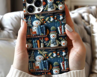 Cute Bookish Snowman Phone Case, Snowman Lover Gift, Christmas Aesthetic, Gift for Her, Faux Embroidery, MagSafe,Samsung, Pixel 9,iPhone 16