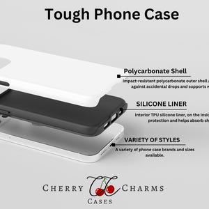 May include: A tough phone case with a white polycarbonate outer shell and a black silicone liner. The case is designed to protect your phone from drops and impacts. It also supports wireless charging.