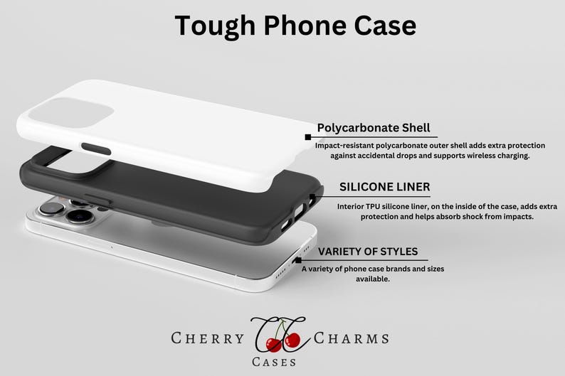 May include: A tough phone case with a white polycarbonate outer shell and a black silicone liner. The case is designed to protect your phone from drops and impacts. It also supports wireless charging.