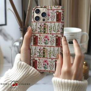 Romantiek schoolse telefoonhoesje, Cottagecore, Book Lover, Floral Esthetic, Borduurlook, Valentijn, Cadeau voor Haar, MagSafe, iPhone 16,pixel