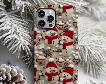 Schattige telefoonhoesje sneeuwpop en cacao, cadeau sneeuwpop minnaar, esthetiek kerst, cadeau voor haar, namaakborduurwerk, MagSafe, Samsung, Pixel 9, iPhone 16