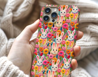 Funda de conejito colorida para teléfono, regalo para amantes de los animales, estética floral de Pascua, regalo para ella, Pascua, MagSafe, Samsung, Pixel, iPhone 16