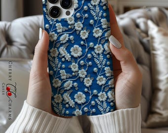 Elegant 3D Flower Faux Embroidery Phone Case, blue and white Flower iPhone Cover, Samsung Case,Embroidered Pixel Case,Gift for Her, MagSafe