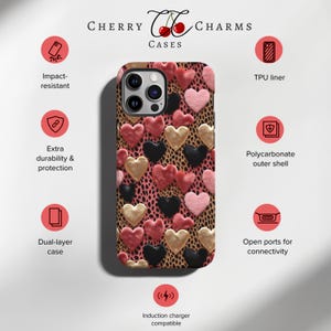 May include: A pink, gold, and black phone case with a heart pattern. The case is compatible with wireless charging and has an open port for connectivity. The case is made of a dual-layer material for extra durability and protection.