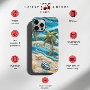 May include: A dual-layer phone case with a tropical beach scene featuring palm trees, seashells, and pearls. The case is impact-resistant and compatible with wireless charging.