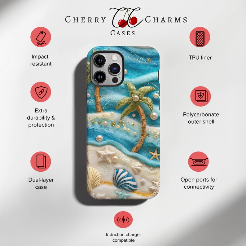 May include: A dual-layer phone case with a tropical beach scene featuring palm trees, seashells, and pearls. The case is impact-resistant and compatible with wireless charging.