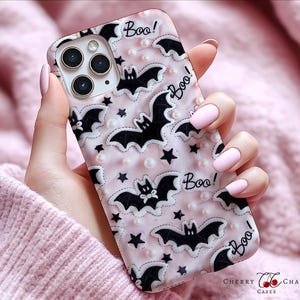 Cute Bat Phone Case, Halloween Aesthetic, faux embroidery look,Spooky, Gift for Her, MagSafe, iPhone, pixel, samsung