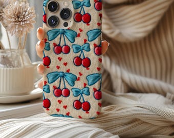 Cherry Bow Phone Case, Faux Embroidery look, Fruit Aesthetic, 3d look, Gift for Her, MagSafe,iPhone 16,pixel