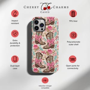 May include: A phone case with a floral pattern featuring pink bows and brown cowboy boots. The case is compatible with wireless charging and has open ports for connectivity. It is made of a dual-layer material with a polycarbonate outer shell and a TPU liner.
