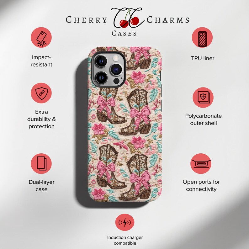 May include: A phone case with a floral pattern featuring pink bows and brown cowboy boots. The case is compatible with wireless charging and has open ports for connectivity. It is made of a dual-layer material with a polycarbonate outer shell and a TPU liner.