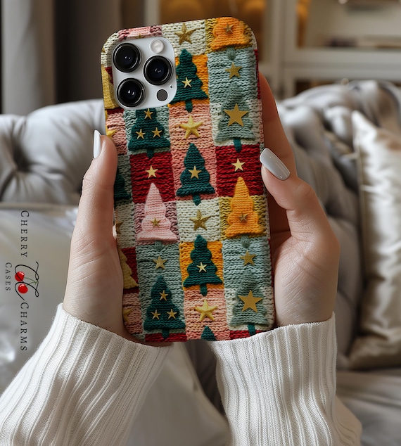 granny square pattern Christmas Tree Faux Embroidery Phone Case,Xmas Aesthetic,Embroidered,Gift for Her, magsafe, iPhone 16, Pixel, Samsung