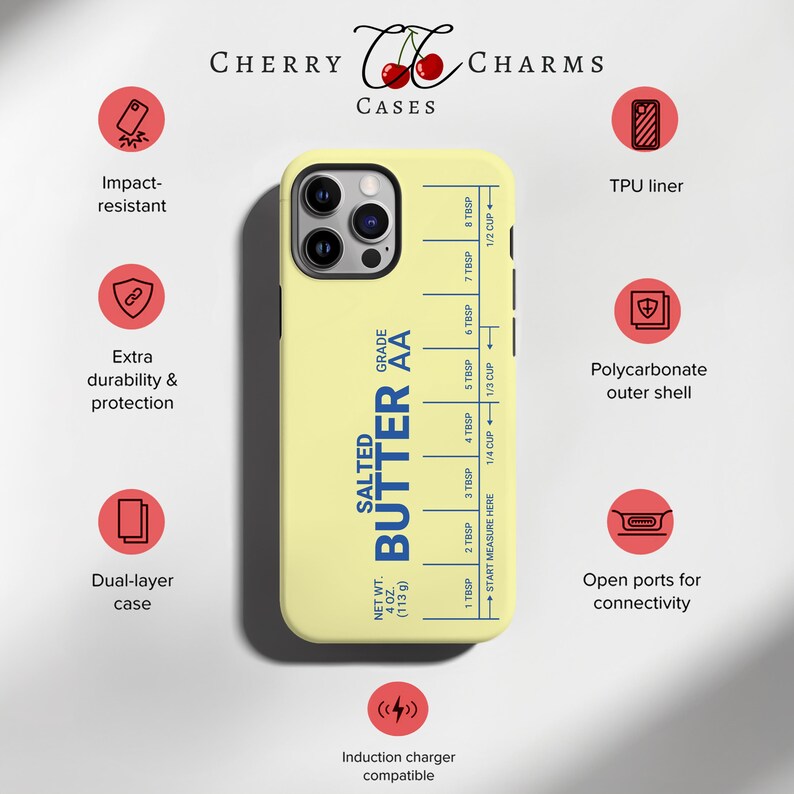 May include: A yellow phone case with a blue and white butter stick label. The label reads "Salted Butter AA Grade" and has a measurement guide in tablespoons and cups. The case is compatible with wireless charging.