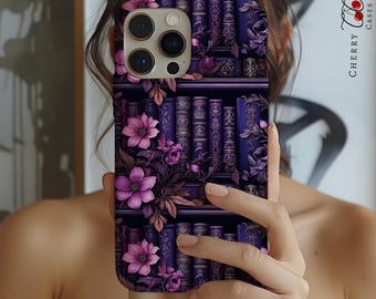 Gothic Lila Bookish Handyhülle, Cottagecore Hülle, Buch Liebhaber Geschenk, Floral Gothic Ästhetik, Geschenk für sie, MagSafe,iPhone 16