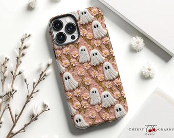 Embroidered Floral Ghosts Phone Case, Whimsical Halloween, Spooky Embroidery, Ghost Lover Gift,MagSafe, iPhone,pixel,samsung