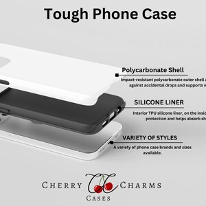 May include: A tough phone case with a white polycarbonate outer shell and a black silicone liner. The case is designed to protect your phone from drops and impacts. It also supports wireless charging.