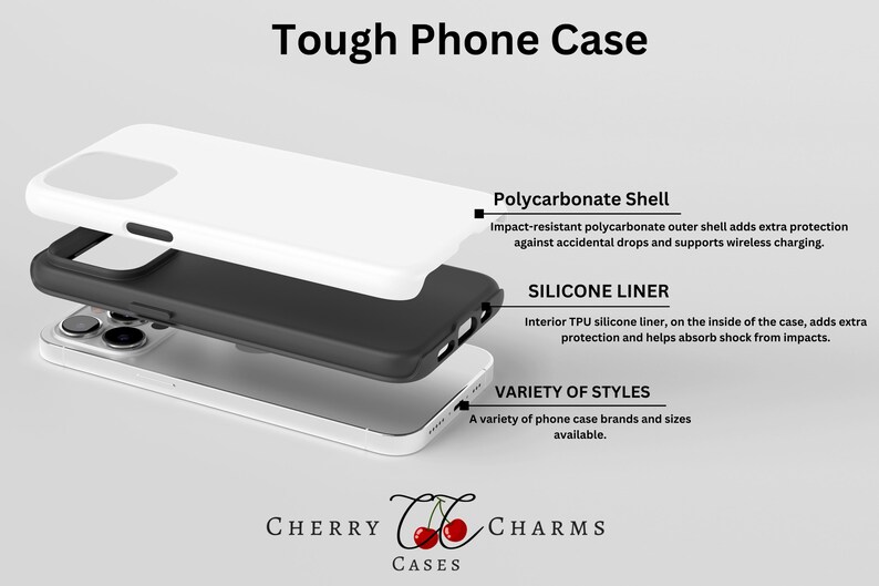 May include: A tough phone case with a white polycarbonate outer shell and a black silicone liner. The case is designed to protect your phone from drops and impacts. It also supports wireless charging.