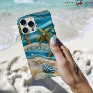 May include: A phone case with a blue and white beach scene. The case features a palm tree, seashells, and pearls. The phone case is made of a soft, durable material.