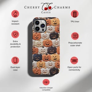 Puede incluir: Una funda para tel&eacute;fono con tem&aacute;tica de Halloween con un patr&oacute;n de caras de calabazas naranja, blancas y negras. La funda es compatible con la carga inal&aacute;mbrica y tiene puertos abiertos para la conectividad.