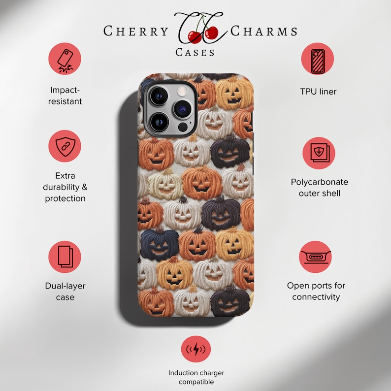 Puede incluir: Una funda para tel&eacute;fono con tem&aacute;tica de Halloween con un patr&oacute;n de caras de calabazas naranja, blancas y negras. La funda es compatible con la carga inal&aacute;mbrica y tiene puertos abiertos para la conectividad.