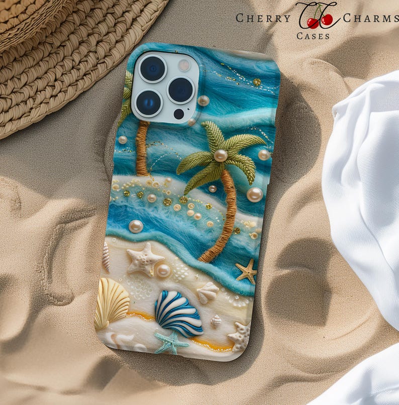 May include: A blue and white phone case with a beach scene. The case features a palm tree, seashells, and pearls. The case is designed for an iPhone with a triple lens camera.
