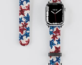 Superschöne Pailletten-Sterne Apple Uhrenarmband, Kunstleder, 4. Juli Accessoire, Uhrenarmband, rot weiß blau USA Band, Geschenk für Urlauber