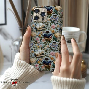 Telefoonhoesje boeken en thee, Cottagecore-cover, boekenliefhebber, bloemenesthetisch, 3D-look, cadeau voor haar, MagSafe, iPhone 16,pixel