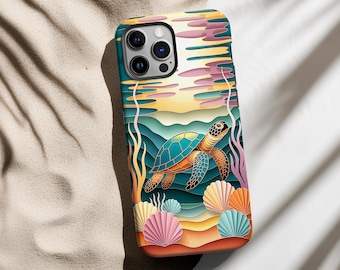Sea Turtle Phone Case, Ocean Animal, paper cut style, Coastal Beach Vibes, Marine Life Aesthetic, Gift for Her,MagSafe Iphone, Pixel,Samsung