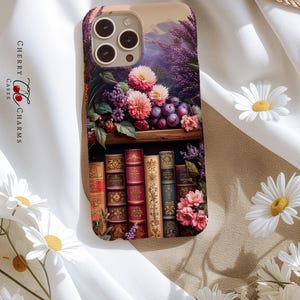 Vintage bloem en druiven leesgrage telefoonhoesje, Cottagecore-cover, boekenliefhebber, 3D-look, cadeau voor haar, MagSafe, iPhone, pixel, Samsung