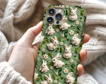 Cute Bunny in Meadow Phone Case,  Animal Aesthetic, Faux 3D Embroidery Look, Bunnies, Cottagecore,Gift for Her, MagSafe, Samsung galaxy S25