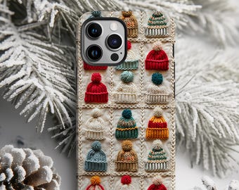 Snow Hats Phone Case,Winter Aesthetic,Embroidered,Gift for Her,Faux Embroidery, magsafe, iPhone 16, Google Pixel, Samsung