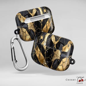 Luxury Black and Gold Marble AirPod Case, Abstract Cracked Design, Elegant Mosaic Pattern,Gift for Her
