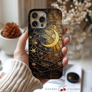 Himmlische Glasmalerei Mond und Sonne Handyhülle, Sternenhimmel Handyhülle, iPhone, Pixel, Samsung, Geschenk für sie, MagSafe