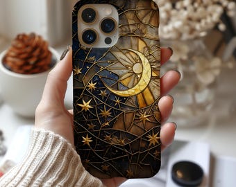 Celestial Stained Glass Moon & Sun Phone Case, Starry phone cover,iPhone, Pixel , Samsung  ,Gift for Her, MagSafe
