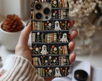 Funda para teléfono con bordado de fantasma literario, funda estilo cottagecore, para amantes de los libros, estética floral, aspecto 3D, regalo para ella, MagSafe, iPhone 16, pixel