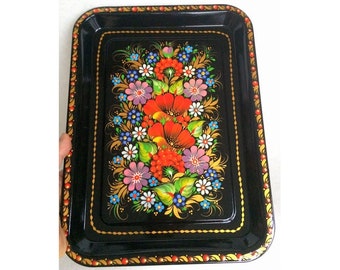 Rectangular metal tray Hand-painted Tray with bright flowers Kitchen tray Gift from Ukraine Kitchen decor Souvenir Petrykivsky style Ukraine