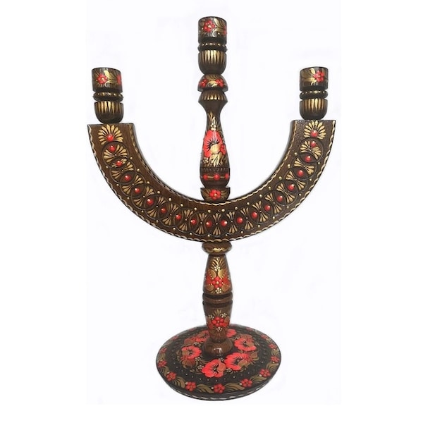 Candelabra for three candles Candlestick triple Wooden half-circle candlestick Red flowers Petrykivka painting Home interior Ukraine Easter