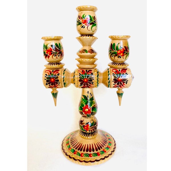 Wooden candlestick triple Light wood Petrykivka painting Green red flowers Home interior Easter Ukraine Holiday evening Gift to the family