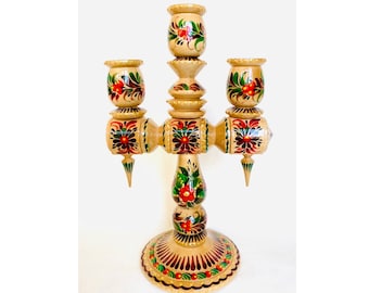 Wooden candlestick triple Light wood Petrykivka painting Green red flowers Home interior Easter Ukraine Holiday evening Gift to the family