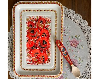 Rectangular metal tray of white color Hand-painted Tray with red flowers  Kitchen tray Souvenir from Ukraine Kitchen decor Petrikovsky style