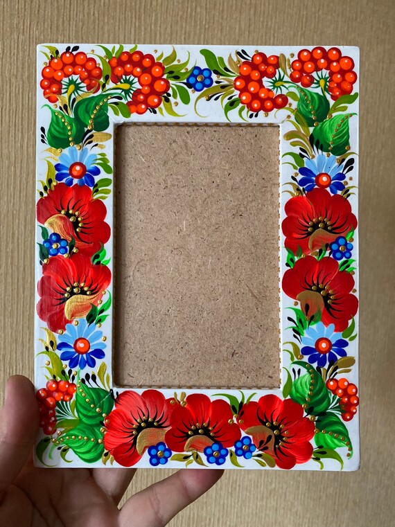 Hand Painted Wooden Photo Frame, Viburnum and Poppy Petrykivka Art