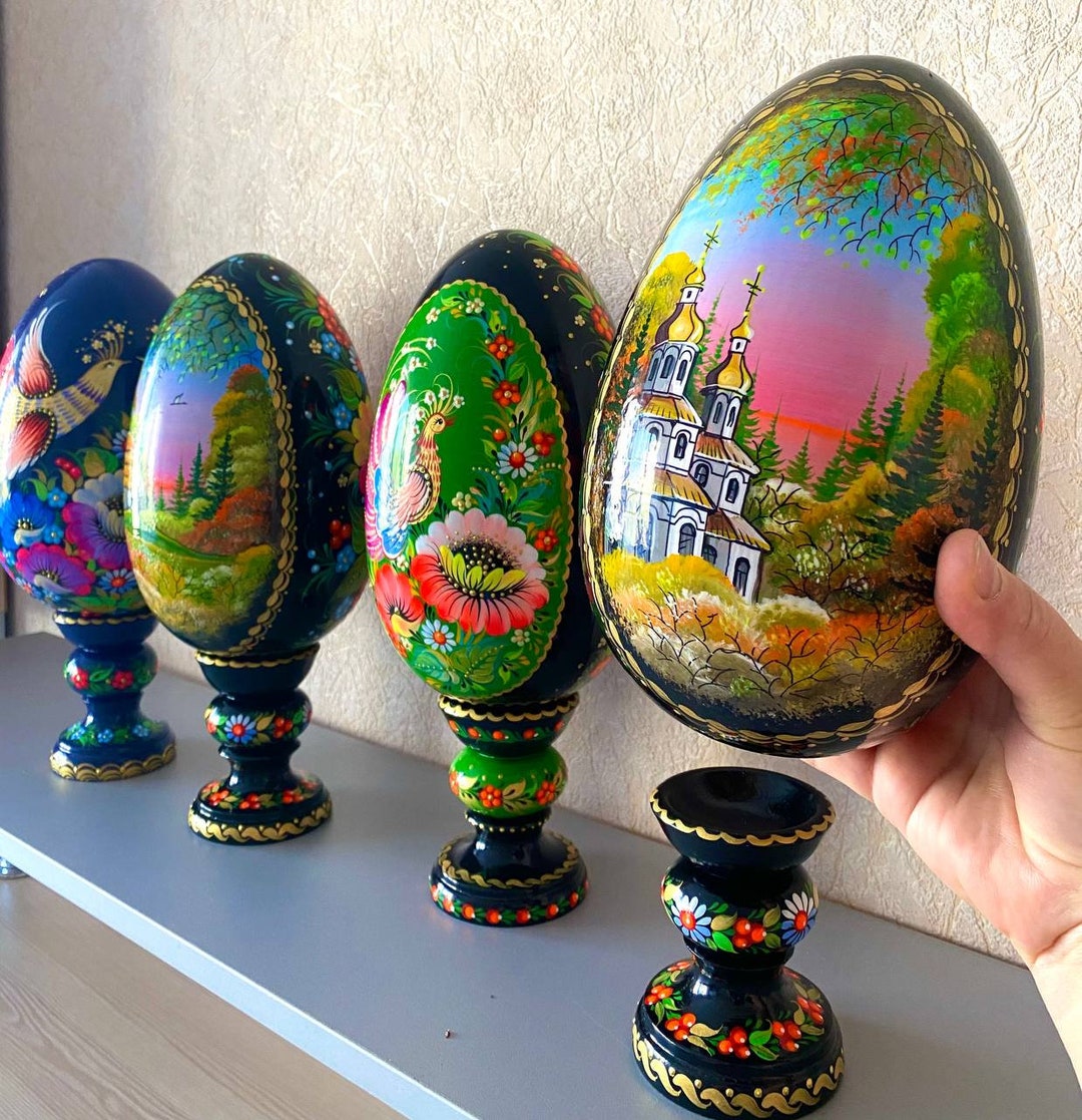 Hand-painted Wooden Easter Egg With Stand, Petrikovsky Art - Etsy