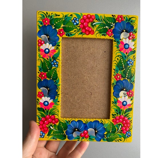 Hand Painted Wooden Photo Frame: Petrykivka Floral Art (4x6