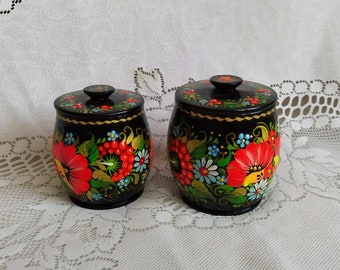 Salt Pepper Shakers Wood Cylinder Sugar Bowl Handmade Vintage Retro Kitchen 9 Cm
