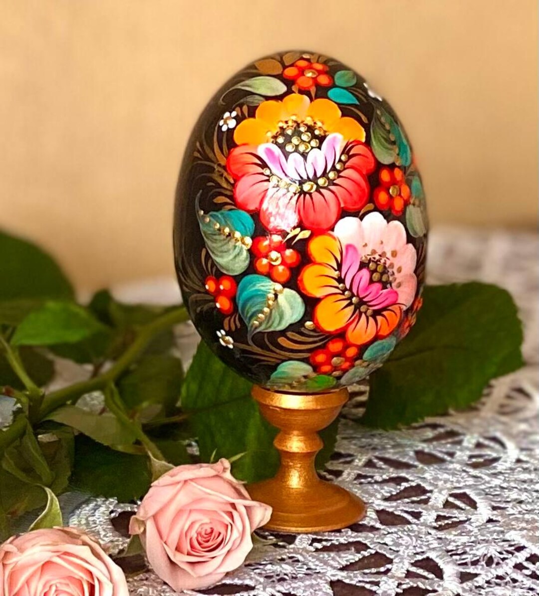 Set of Easter wooden eggs with Trident petrykivka painting