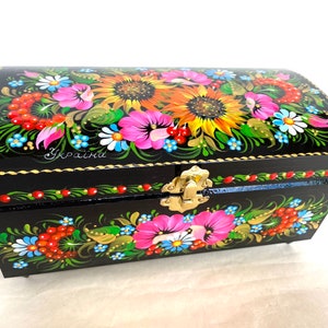 Hand-painted wooden jewelry box with legs Sunflowers Mallow Viburnum berries Ukrainian souvenir Gift for mom, girlfriend Petrikovsky style