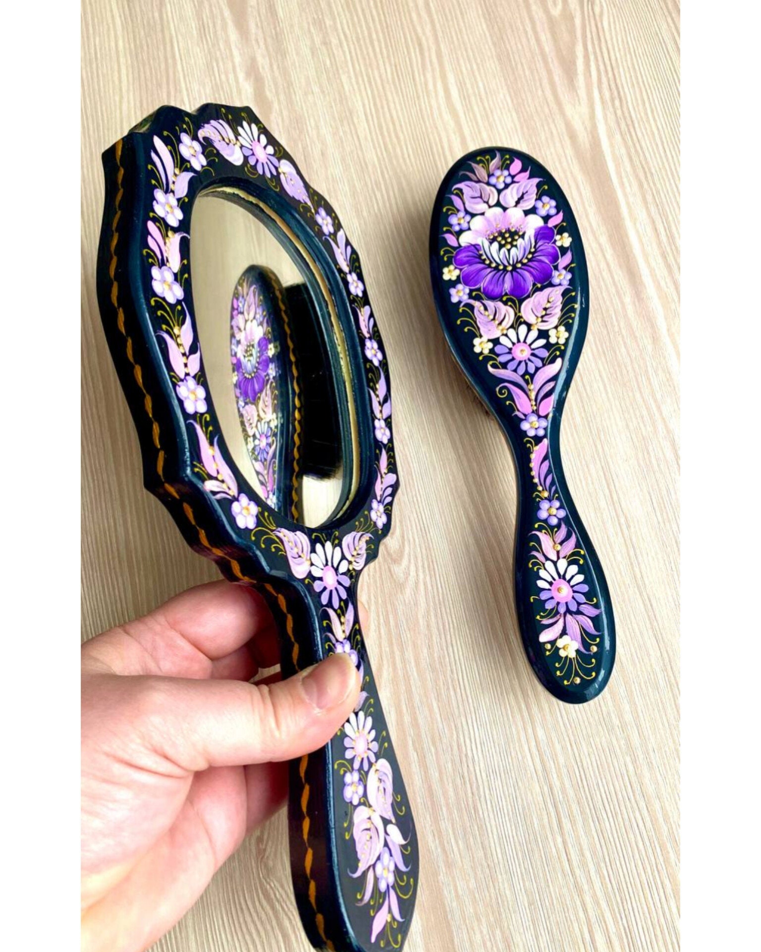 Wooden mirror Care brush made of wild boar bristles Hair accessories Ukrainian souvenir Petrykivka painting Mother's Day Gift for her