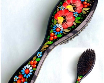 Petrykivka Floral Hairbrush, Wild Boar Bristles, Ukrainian Art