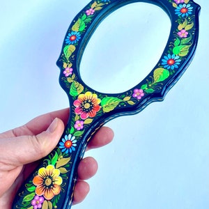 Mirror with wooden handle Handmade One-way cosmetic mirror with handle for girl Make up handheld mirror Petrykivka painting Souvenir Ukraine image 3