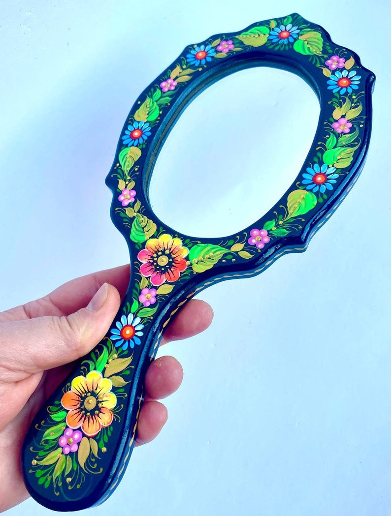 Mirror with wooden handle Handmade One-way cosmetic mirror with handle for girl Make up handheld mirror Petrykivka painting Souvenir Ukraine image 3